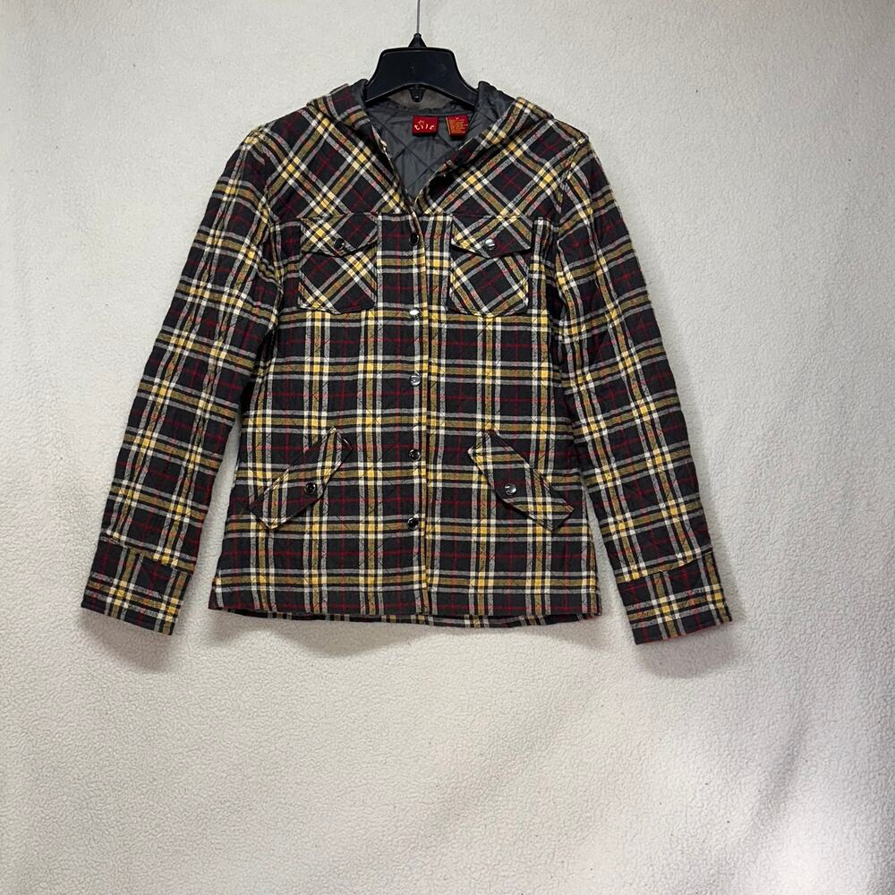 Tilt Plaid Hooded Quilted Jacket Size Medium Black Yellow Flannel Coat